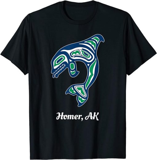 Blue Green Native American Homer AK Orca Killer Whale T-Shirt