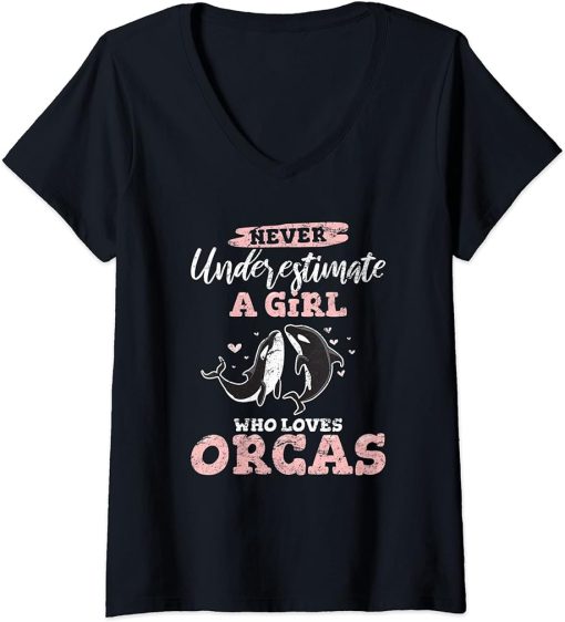 Womens Girl Who Loves Orcas Whale Kids Girls Orca Whale Cetologist V-Neck T-Shirt