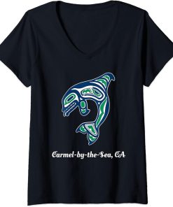 Womens Native American Carmel-by-the-Sea CA Orca Killer Whale V-Neck T-Shirt