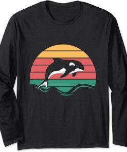 Beach Sunset Killer Whale Ocean Animal Lover Gift Retro Orca Long Sleeve T-Shirt