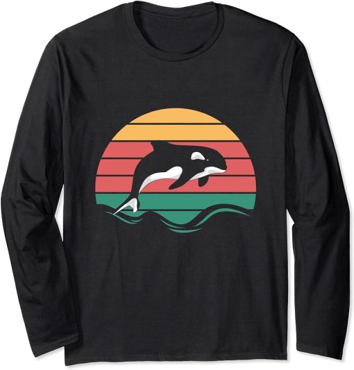 Beach Sunset Killer Whale Ocean Animal Lover Gift Retro Orca Long Sleeve T-Shirt