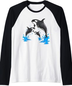 Killer Whale Orca Whale Family Jumps Out Of The Water Raglan Baseball Tee