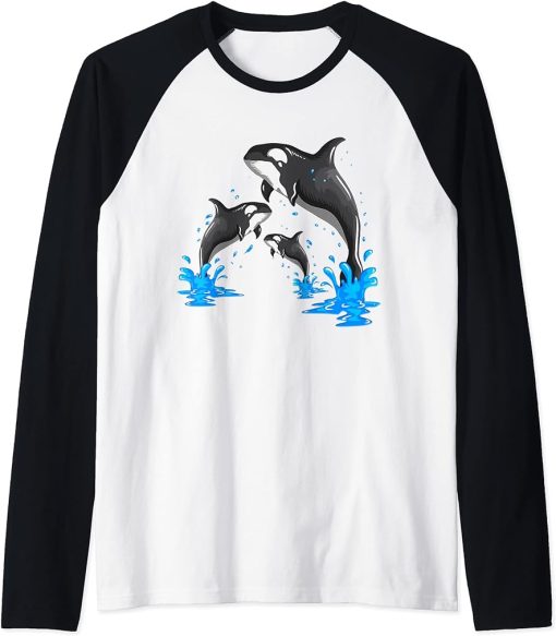 Killer Whale Orca Whale Family Jumps Out Of The Water Raglan Baseball Tee